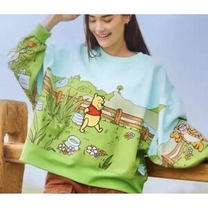 Disney Parks Embroidered Winnie the Pooh Pals Garden Pullover Sweatshirt Sz L